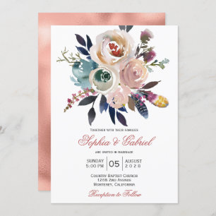 Elegant Peach Pink Blue Floral Wedding Invitation