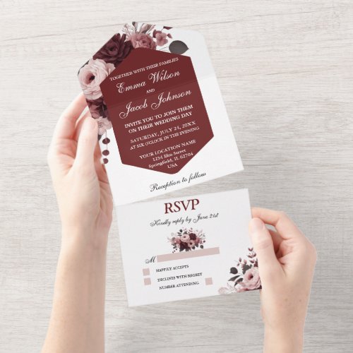 Elegant Peach Pink Burgundy Floral Wedding  All In One Invitation