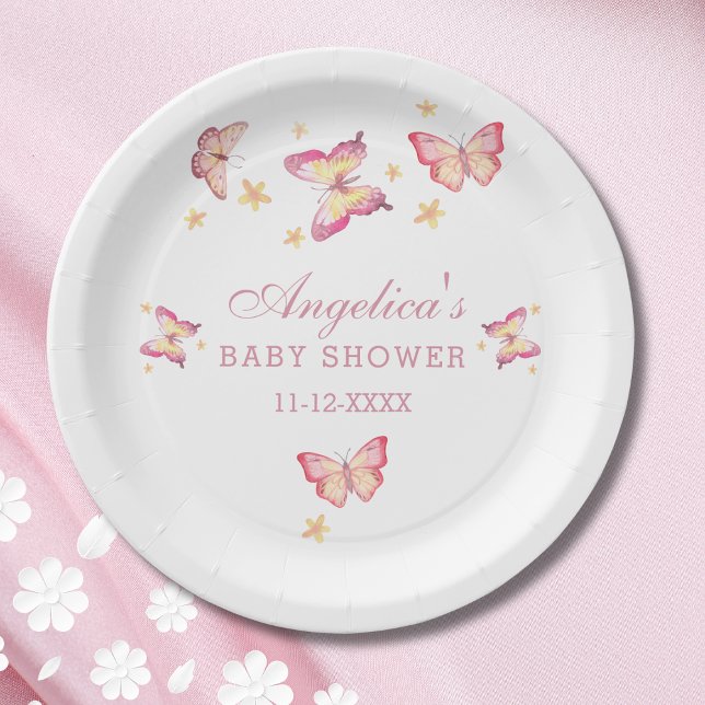 Elegant Peach Pink Butterfly Baby Girl Shower Paper Plates (Creator Uploaded)