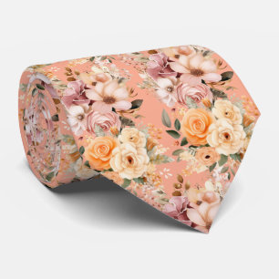 Elegant Peach Pink Flowers Floral Neck Tie