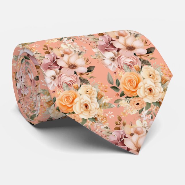 Elegant Peach Pink Flowers Floral Neck Tie (Rolled)