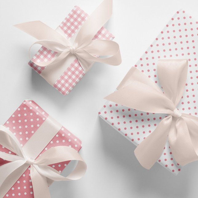 Elegant Peach Pink Polka Dots Gingham Pattern Mix Wrapping Paper Sheets (Elegant, peach pink polka dots and gingham checks pattern mix and match wrapping paper sheets.)