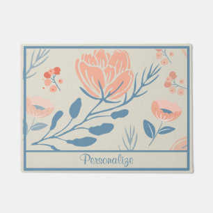 Elegant Peach Pink Rose Blue Stem Floral Doormat