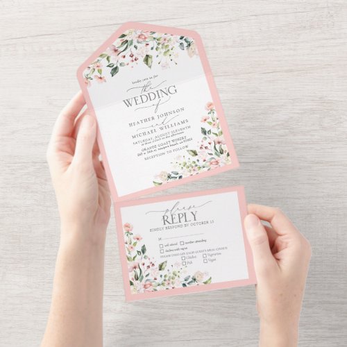 Elegant Peach Pink Watercolor Floral Meals Wedding All In One Invitation