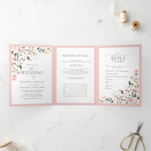 Elegant Peach Pink Watercolor Floral Meals Wedding Tri_Fold Invitation