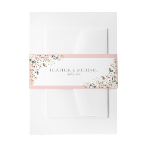 Elegant Peach Pink Watercolor Floral Wedding Invitation Belly Band