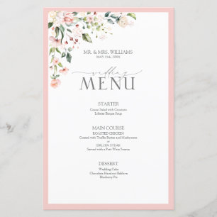 Elegant Peach Pink Watercolor Floral Wedding Menu