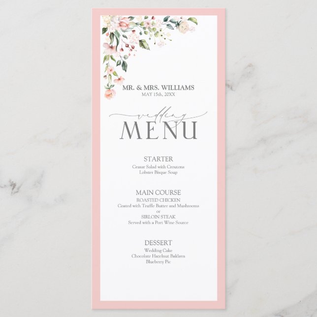 Elegant Peach Pink Watercolor Floral Wedding Menu (Front)
