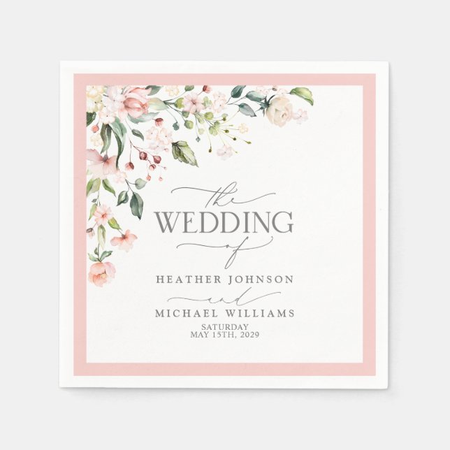Elegant Peach Pink Watercolor Floral Wedding Napkins (Front)