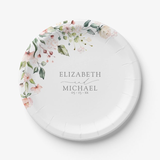Elegant Peach Pink Watercolor Floral Wedding Paper Plates (Front)