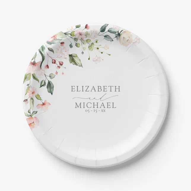 Elegant Peach Pink Watercolor Floral Wedding Paper Plates | Zazzle