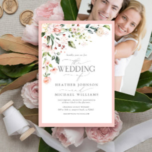 Elegant Peach Pink Watercolor Floral Wedding Photo Invitation