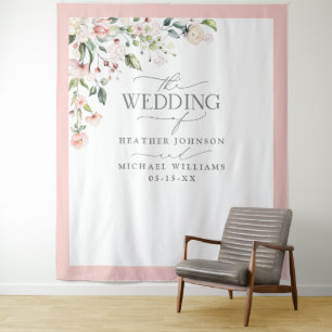 Elegant Peach Pink Watercolor Floral Wedding Photo Tapestry