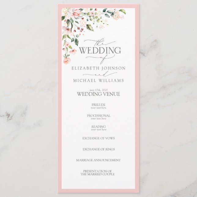Elegant Peach Pink Watercolor Floral Wedding Program (Front)
