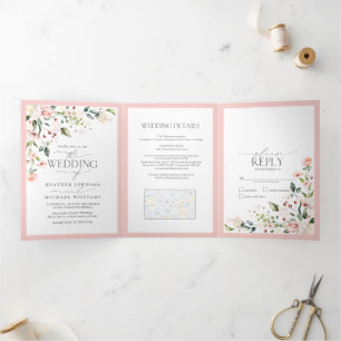 Elegant Peach Pink Watercolor Floral Wedding Tri-Fold Invitation