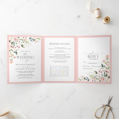 Elegant Peach Pink Watercolor Floral Wedding Tri_Fold Invitation