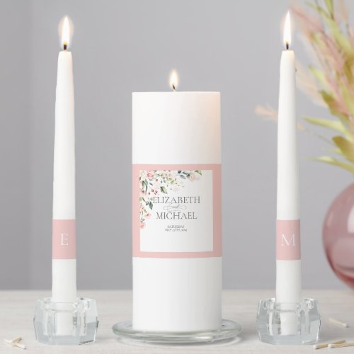 Elegant Peach Pink Watercolor Floral Wedding Unity Candle Set