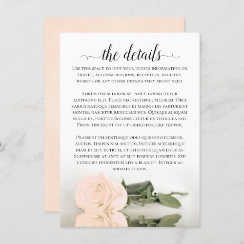 Elegant Peach Romantic Rose Wedding Details Enclosure Card