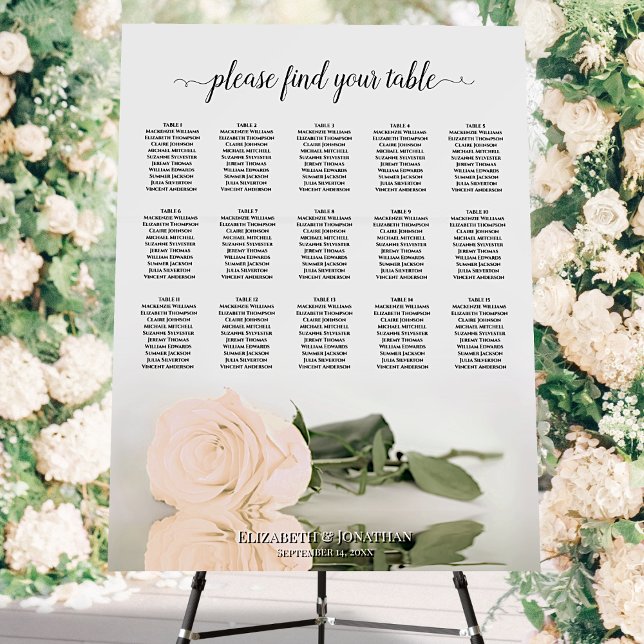 Elegant Peach Rose 15 Table Wedding Seating Chart Foam Board (In Situ on Stand with Flowers)