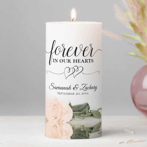 Elegant Peach Rose Forever in our Hearts Memorial Pillar Candle