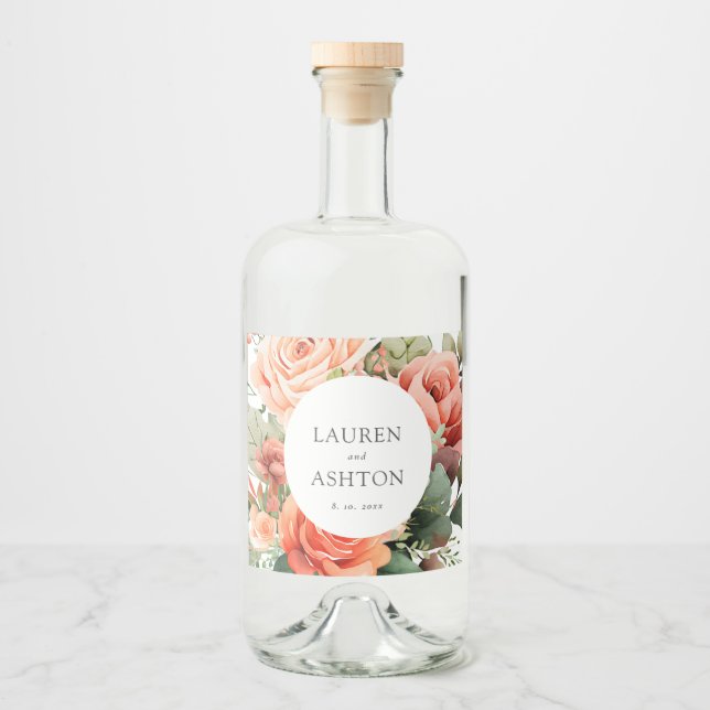 Elegant Peach Rose Personalized Wedding Liquor Bottle Label (Front)