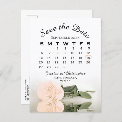 Elegant Peach Rose Wedding Calendar Save the Date Announcement Postcard