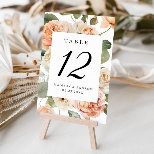Elegant Peach Rose Wedding  Table Number