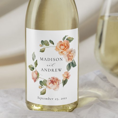 Elegant Peach Rose Wedding Wine Label