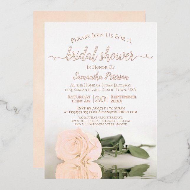 Elegant Peach Rose with Rose Gold Bridal Shower Foil Invitation (Front/Back)