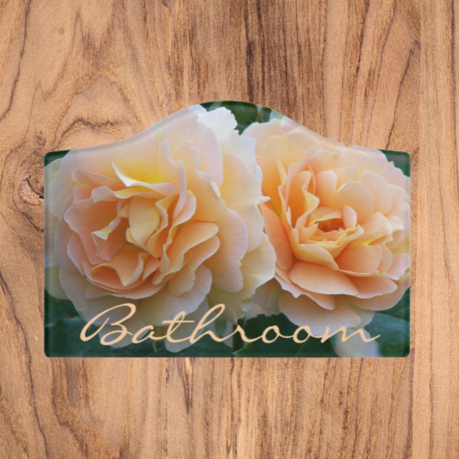 Elegant Peach Roses Floral Bathroom Door Sign (In Situ)
