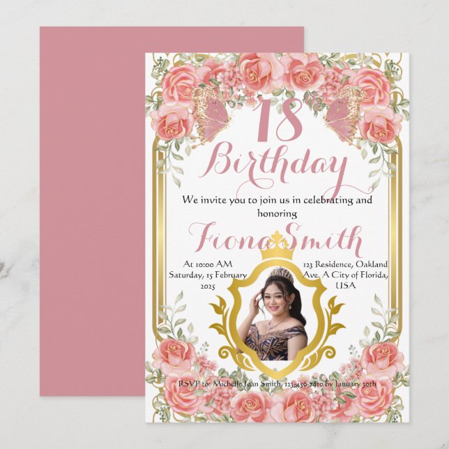 Elegant Peach Roses Floral Birthday Invitation Car (Front/Back)