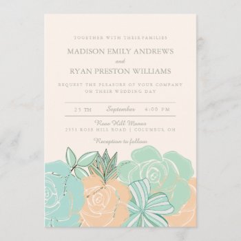 Elegant Peach Roses Mint Floral Wedding Invitation by Jujulili at Zazzle