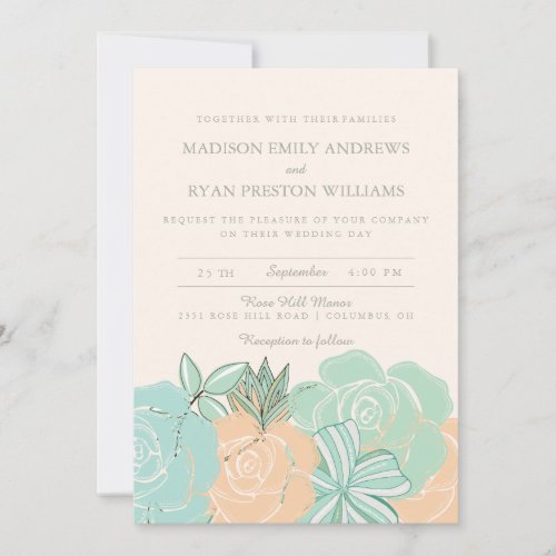 Elegant Peach Roses Mint Floral Wedding Invitation