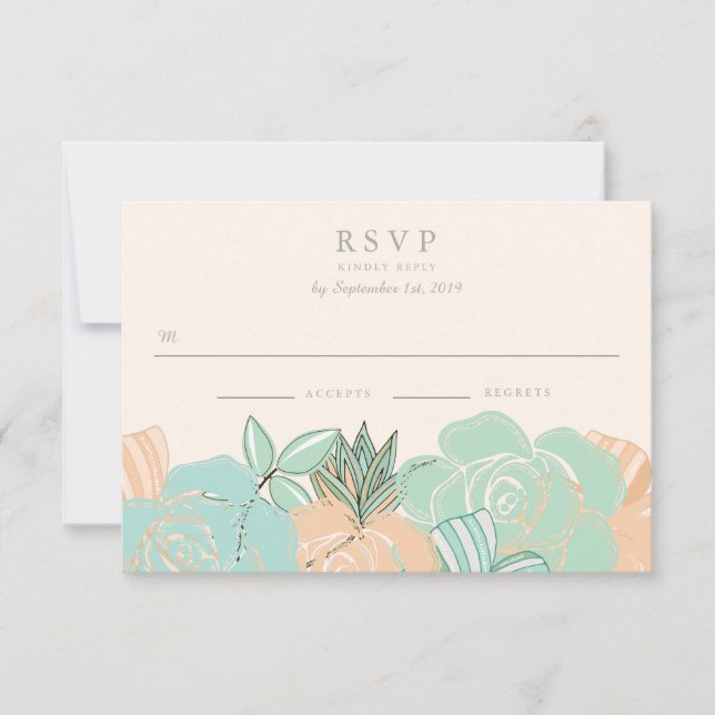 Elegant Peach Roses Mint Floral Wedding RSVP (Front)