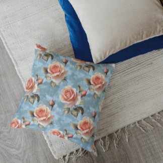 Elegant Peach Roses on Blue Background Throw Pillow