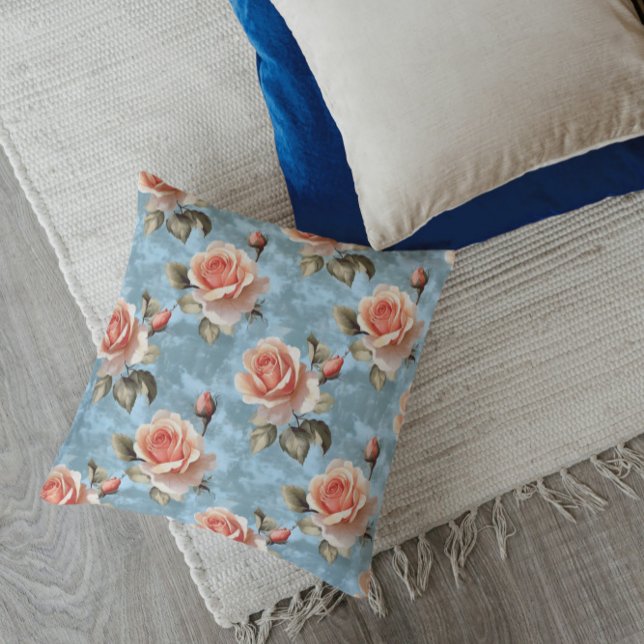 Elegant Peach Roses on Blue Background Throw Pillow (Creator Uploaded)