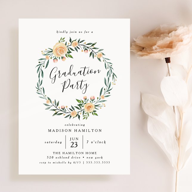 Elegant Peach Roses Wreath Graduation Party Invitation (Creator Uploaded)