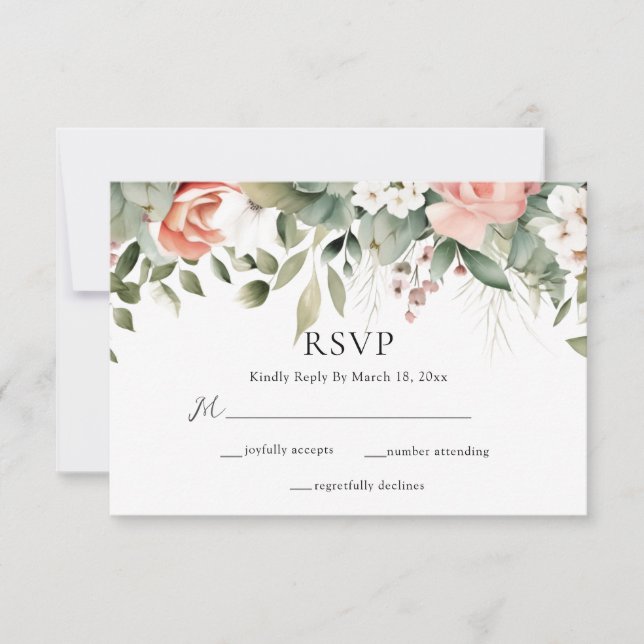 Elegant Peach Sage Green Floral Wedding RSVP Card (Front)