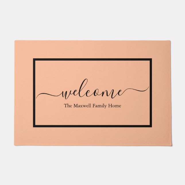 Elegant peach script family name welcome doormat (Front)