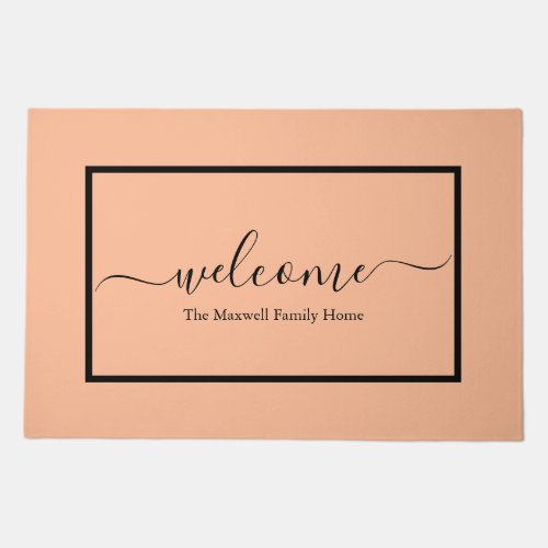 Elegant peach script family name welcome doormat