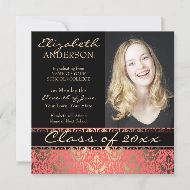 Elegant Peach Shimmer Damask Graduation Announcement (Front)