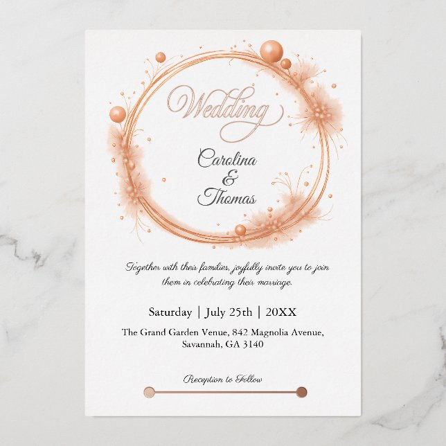 Elegant Peach Sparkle Wedding Script Calligraphy Foil Invitation (Front)