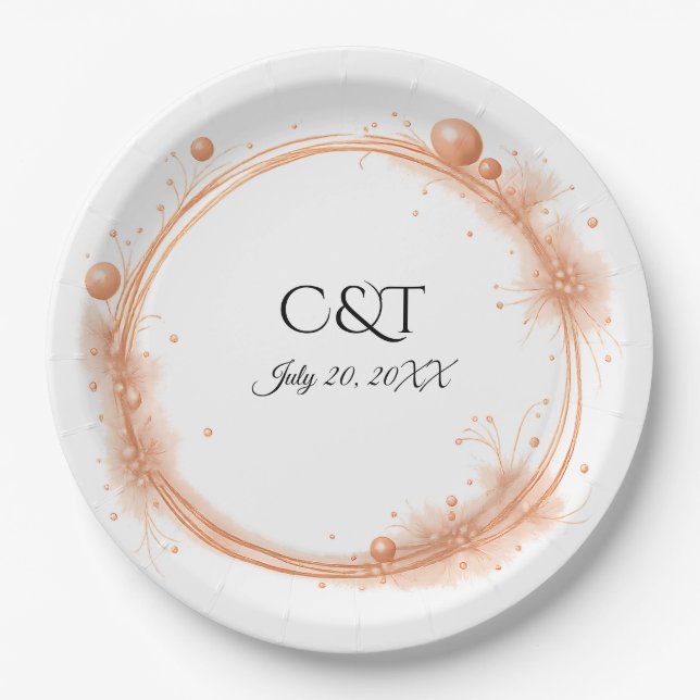 Elegant Peach Sparkle Wedding Script Calligraphy Paper Plates (Front)