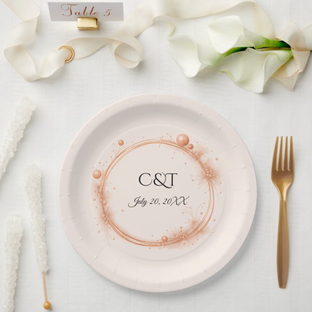 Elegant Peach Sparkle Wedding Script Calligraphy Paper Plates (Wedding)