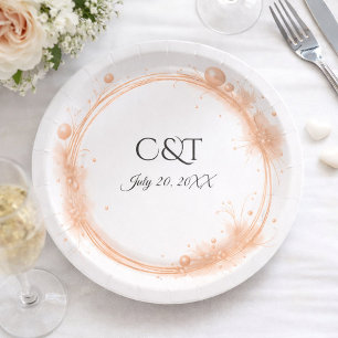 Elegant Peach Sparkle Wedding Script Calligraphy Paper Plates