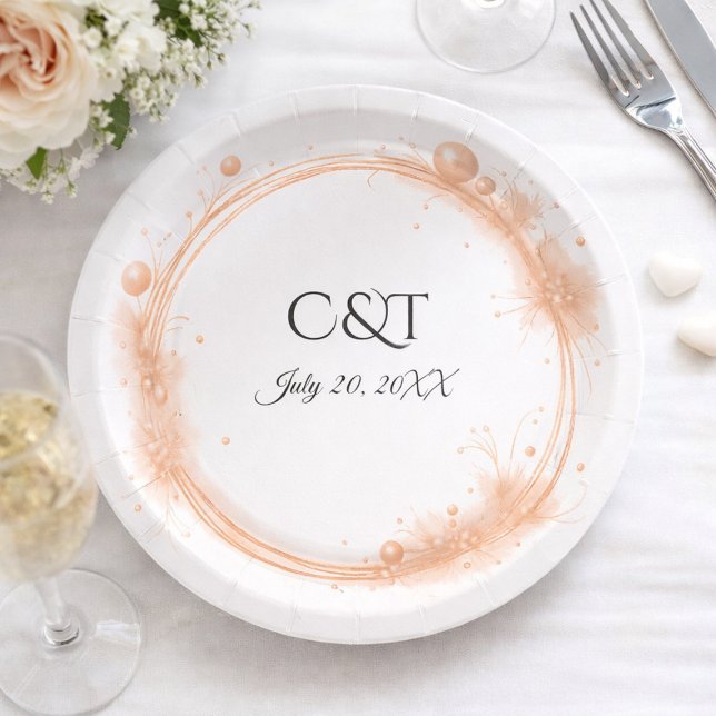 Elegant Peach Sparkle Wedding Script Calligraphy Paper Plates (Creator Uploaded)