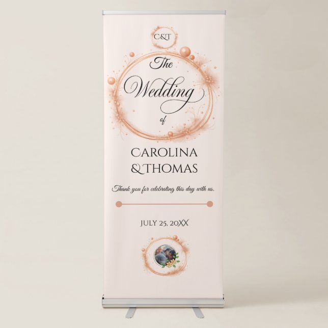 Elegant Peach Sparkle Wedding Script Calligraphy Retractable Banner (Front)