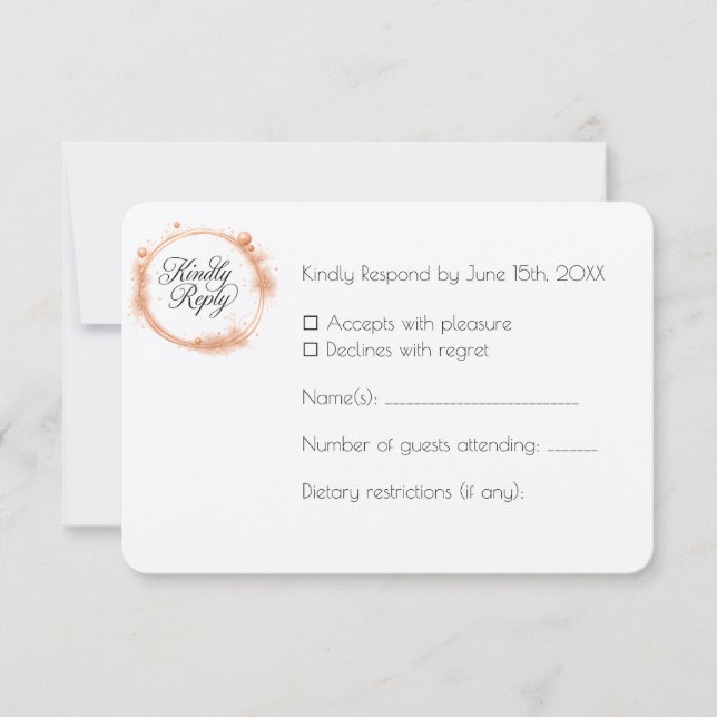 Elegant Peach Sparkle Wedding Script Calligraphy RSVP Card (Front)