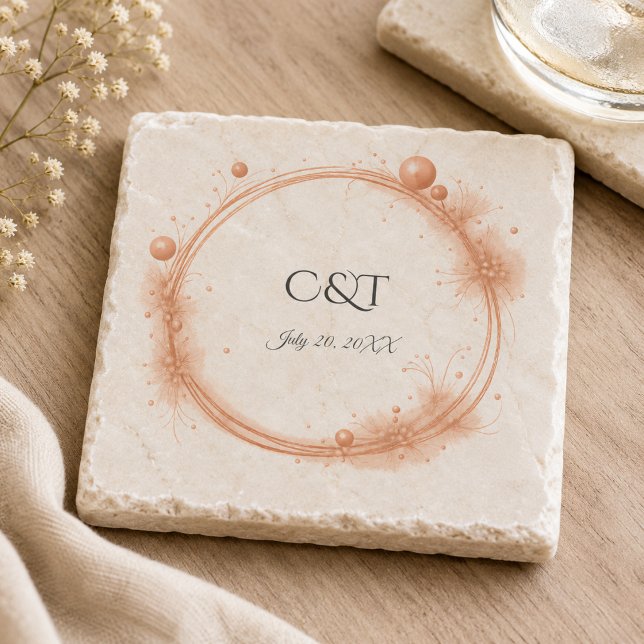 Elegant Peach Sparkle Wedding Script Calligraphy Stone Coaster (Creator Uploaded)