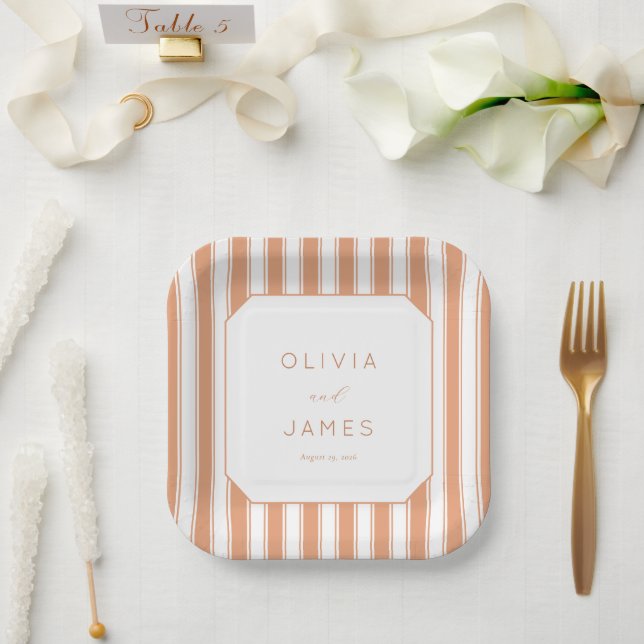 Elegant Peach Striped Geometric Paper Plates (Wedding)